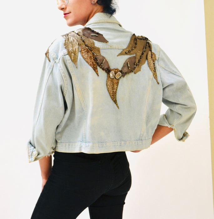 80s Vintage Denim Jacket Leather Rhinestone Medium // 90s 80s  Glam Denim Jean Jacket Womens Beaded Flower Leather Jean Jacket Art to Wear