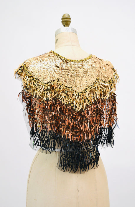 Vintage Gold Black Beaded Fringe Shawl Wrap Burlesque Wedding Flapper Gold Metallic Beaded Vintage Fringe Collar Shawl GOld Shawl Sharmark