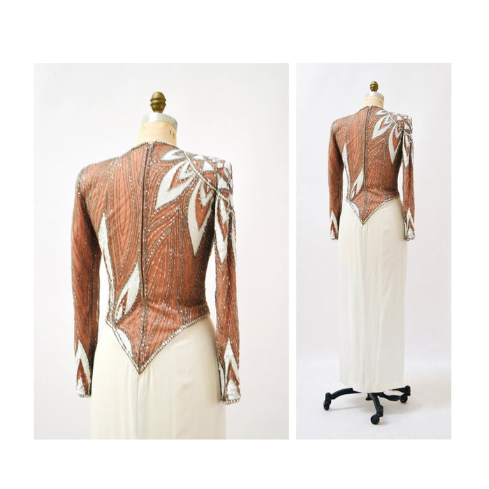 80s 90s Vintage White Cream Silver Beaded Sequin Gown Dress Small Medium Bob Mackie// Vintage Wedding Gown Beaded Long Sleeve Pageant Dress