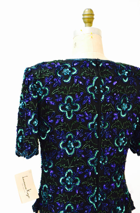 Vintage Black Sequin Shirt top Large XL Black blue beaded shirt // 80s Vintage Metallic Sequin Top Black Art Deco Flapper Laurence Kazar