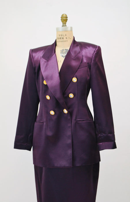 90s Vintage Purple Satin Jacket Blazer Suit Skirt Purple Plum Blazer 80s 90s Glam Power Suit Medium Criscione 90s Suit Rhinestone buttons