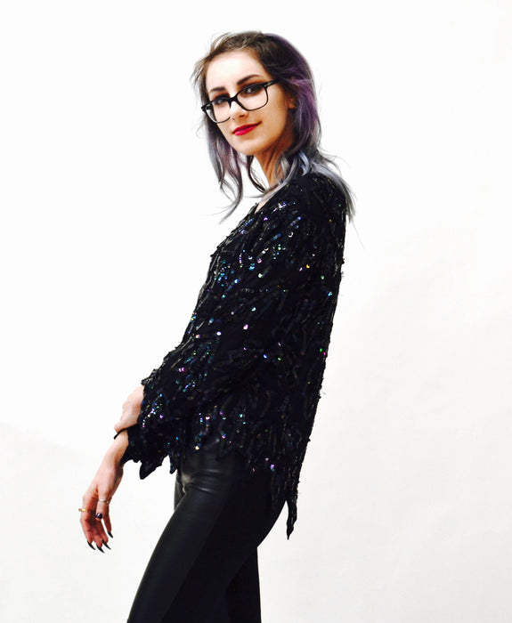 Vintage Metallic Sequin Shirt Black Art Deco Flapper Inspired Oil Slick// Vintage Flapper Inspired Beaded Shirt Top Black Sequins Small