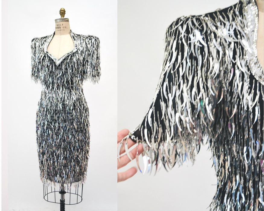 80s 90s Vintage Silver Beaded Fringe Dress Vintage Gold Metallic Dress Small Medium// Beaded Fringe Dress Flapper Cher Dress 80s Glam