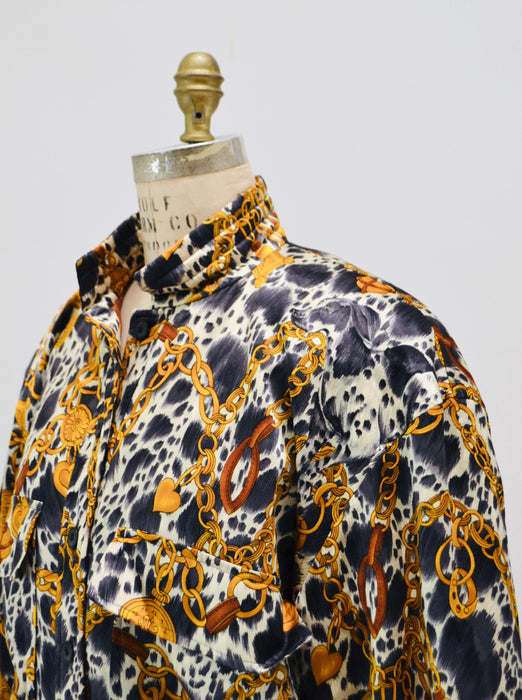 80s 90s Escada Jacket Vintage Silk Animal Dog Dalmatian Print Jacket Vintage Dog Jacket// Vintage Dog Print Bomber Jacket Escada Scarf Print