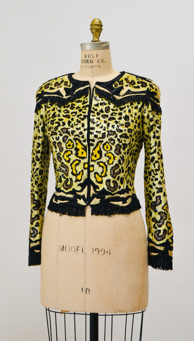 80s Vintage Valentino Sequin Jacket Leopard Cheetah Animal Pattern Beaded Fringe// Vintage Valentino Sequin Beaded Jacket Small Medium