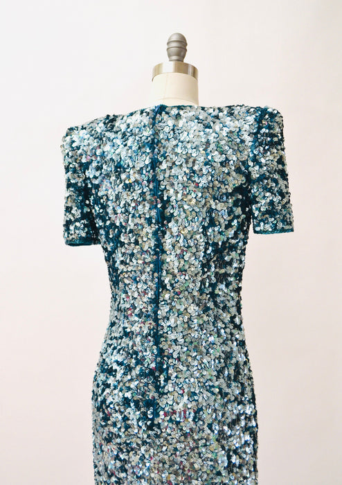 80s 90s Glam Vintage Blue Sequin Dress Size Small Blue Metallic Sequin 80s 90s Prom Party Dress// 80s Vintage Blue Trophy Pageant Dress
