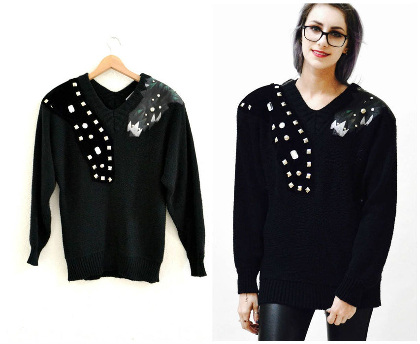Vintage 80s Black Sweater Metallic studs rhinestones and faux leather SIze Medium Jumper Pull over 80s Glam Black Sweater