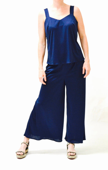 70s Vintage Wide Leg Palazzo Pants and Tank Top Cami Navy Blue Large// Vintage 70s Pantsuit Set Wide Leg Pants Knit Navy Blue