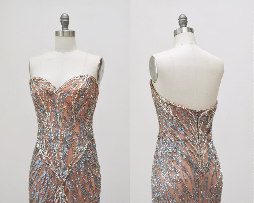 80s 90s Vintage Silver Cream Blue Beaded Sequin Gown Dress Small Medium By Bob Mackie Silk// Vintage Wedding Gown Sequin Strapless Beach