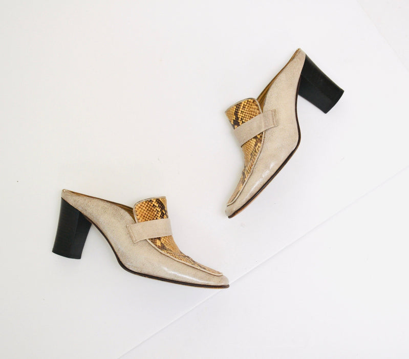 90s 00s Y2K Vintage Snake Skin Leather Slides High Heel Loafers Shoes 7 1/2 Vintage Tan Snake Skin High Heel Shoes Mules Saks Fifth Avenue