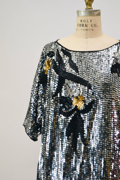 70s 80s Vintage Beaded Shirt Top Black Silver Top Large Shirt 70s 80s Glam Disco party Silver Metallic Sequin Top Size Medium Large