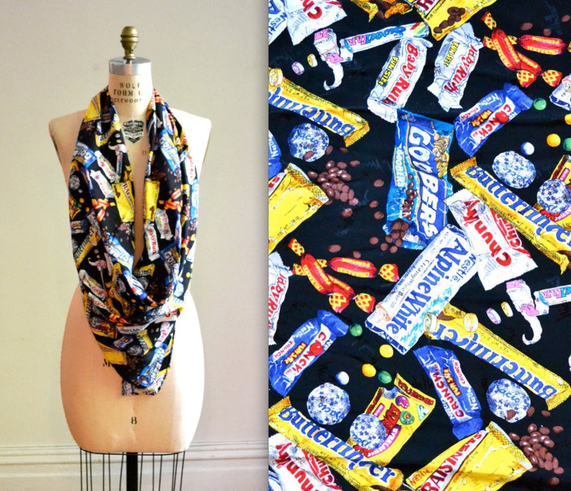90s Vintage Nicole Miller Silk Large Scarf with Junk Food Candy Chocolate Butter Fingers Pop Art