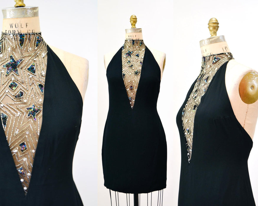 80s 90s Vintage BOB MACKIE Dress Black Star Beaded Metallic Halter Neck// Black Sexy Halter Mini Dress Small Medium Bob Mackie Cher