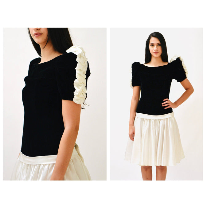 Vintage 80s Party Dress Black White Velvet Dress XXS XS Small By Alyce Design 80s 90s Prom Pageant Dress black White Crinoline Dress