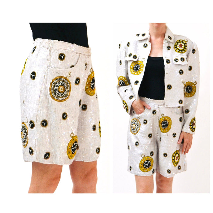 80s 90s White Sequin Shorts Nautical Boat Party Gold Stars Medium Large Talk of the Walk Casino French Collizioni Modi Sequin Jacket Shorts