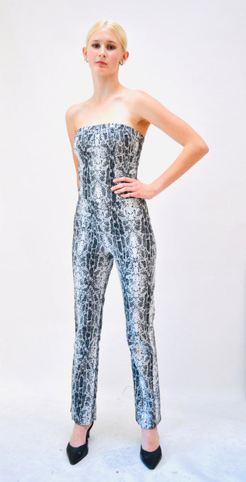 2000s Y2K Snake Print Black Jumpsuit Strapless Club Jumpsuit Black White Stretch// 00s Vintage Black Jumpsuit Pantsuit XXS XS Club Party