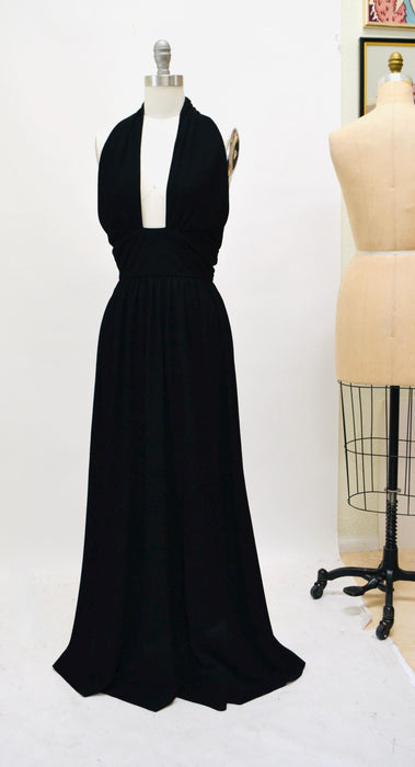 70s Vintage Black Halter Dress Mr Boots XS Small 70s Party long Black Halter Neck Dress 70s Disco Long Black Knit  Plunging neckline Dress