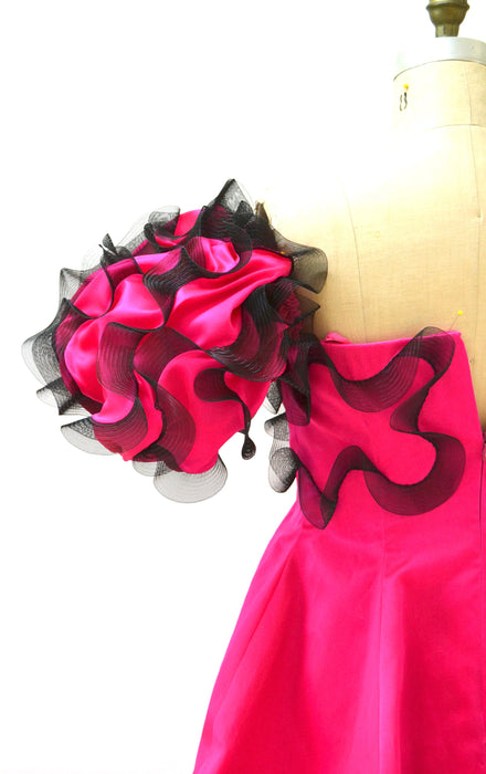 90s Vintage Pink Ball Gown Dress Small Medium By Bill Blass Bergdorf Goodmans Bright Pink Ruffle Gown Dress Off the Shoulder Dress