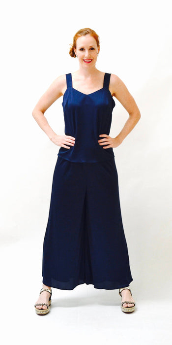 70s Vintage Wide Leg Palazzo Pants and Tank Top Cami Navy Blue Large// Vintage 70s Pantsuit Set Wide Leg Pants Knit Navy Blue