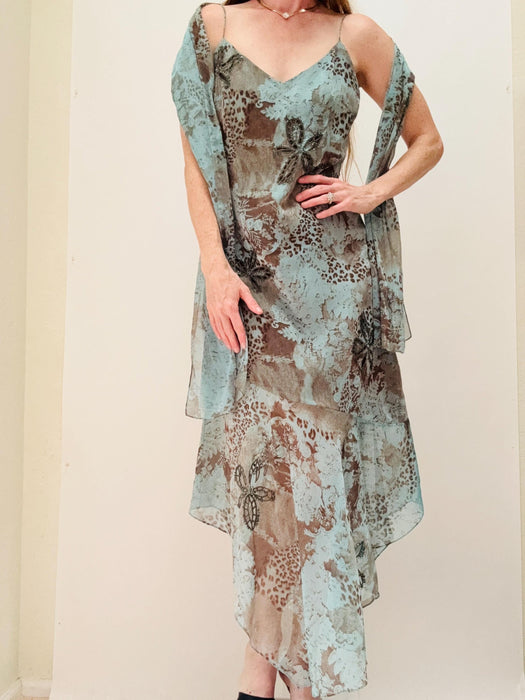 Vintage 00s Y2K Slip Tank Dress Dress Bob Mackie Animal Print Chiffon Dress Medium Summer Wedding Party Slip Dress Blue Brown Beach Dress