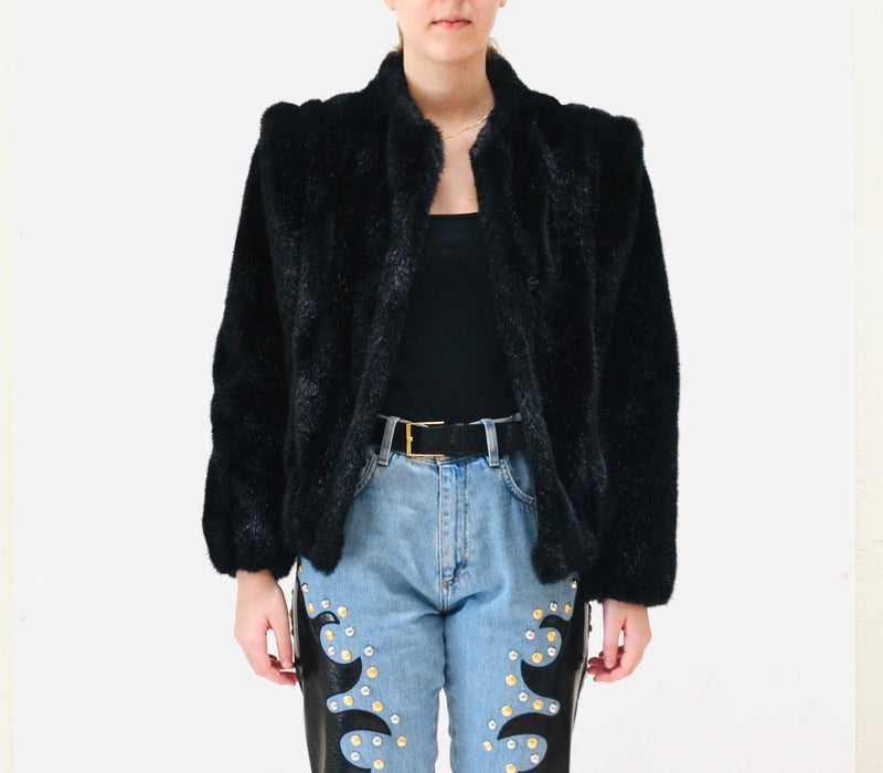 80s Vintage Faux Fur Black jacket Coat 80s 90s Black Cropped Faux fur Jacket Coat XS Small 80s 90s Glam Black Fur Party Jacket Black