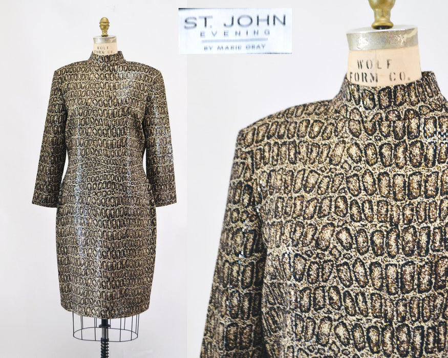 90s Vintage Animal Print St John Dress Metallic Knit Dress St John // Animal Print Metallic Party Dress Sweater Knit Dress 12 Medium Large