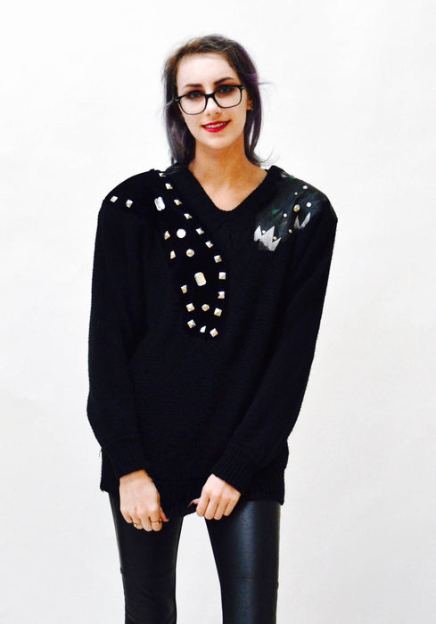 Vintage 80s Black Sweater Metallic studs rhinestones and faux leather SIze Medium Jumper Pull over 80s Glam Black Sweater