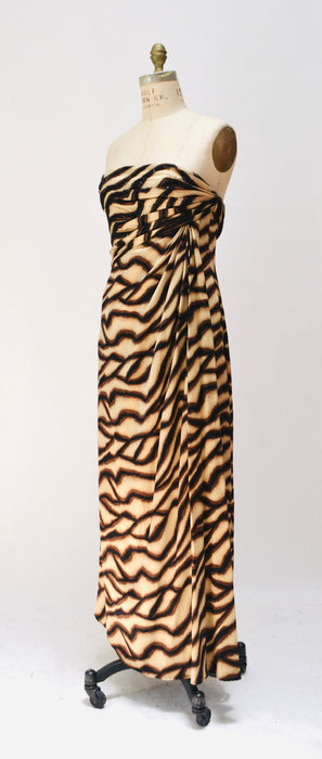 2000s y2k Vintage Bob Mackie Gown Dress Zebra Animal Print Beaded Dress Strapless Silk Evening Gown Small Medium Bob Mackie Pageant Dress