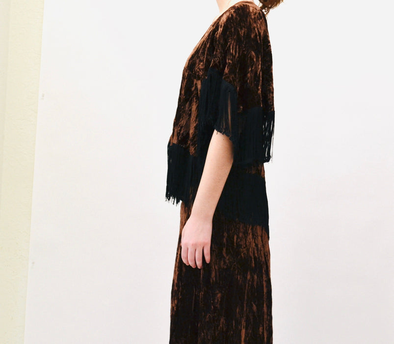 70s AMAZING Vintage Brown Crushed Velvet Fringe Top and Skirt By David Silverman Made in England Fringe 70s Festival Boho Top Skirt Dress
