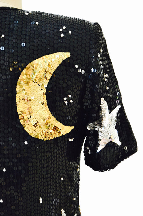 Vintage Sequin Dress Black Star Moon Medium Large By Modi// 90s Vintage Beaded Metallic Dress Stars Moons Pop Art Astrology Dress