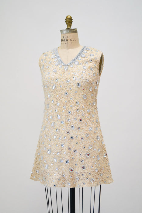60s 70s Vintage Metallic Cream Lace Rhinestone Dress Small Medium// 60s 70s Vintage White Silver Gold Lace Party Wedding Rhinestone Dress