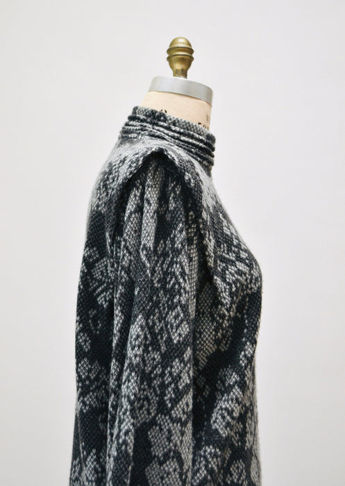 80s Vintage St. John Black Gray Sweater Pull OVer Cashmere Wool Sweater Jumper Floral Jacquard Medium 8 St John Vintage Mock Neck Sweater