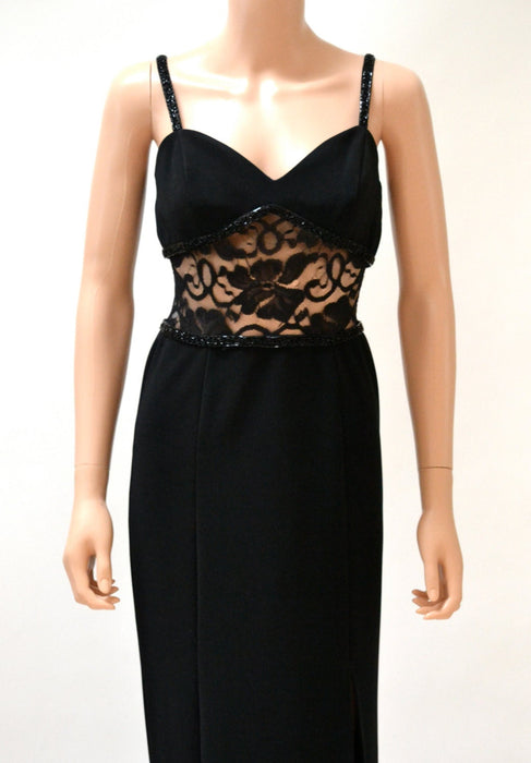 90s Vintage Black Prom Dress Evening Gown Size Small by Susan Roselli// Black 90s Illusion Long Black Dress Small Lace Beaded Body Con