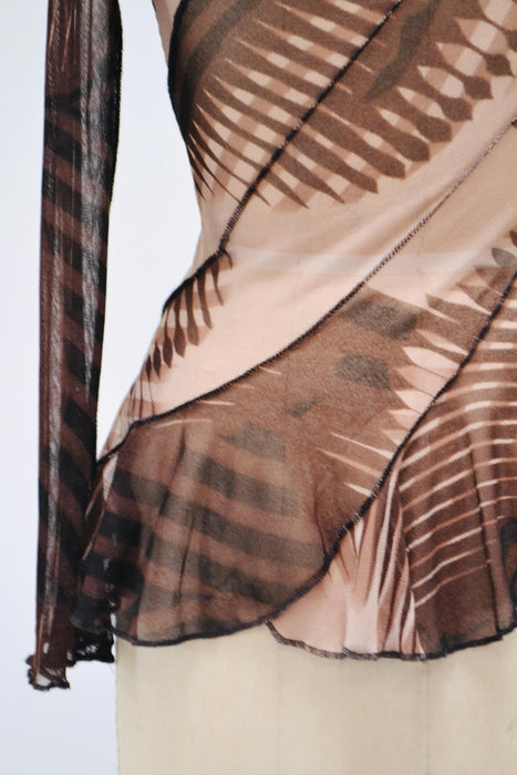 2000s Jean Paul Gaultier Soleil Mesh Shirt long sleeve Sheer op-art top Mesh Sheer Shirt Fashion top Jean Paul Gaultier Brown Tan Stripe