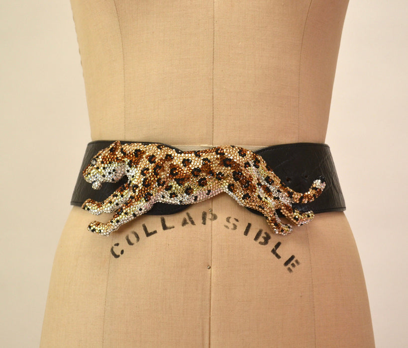 90s Vintage Katherine Baumann Beverly Hills Swarovski Crystal Panther Cheetah Leopard Belt Buckle Metallic Rhinestone Belt Buckle Large Cat