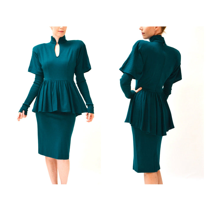 80s does 40s Vintage Teal Blue Green Knit Wool Dress Small Medium Wool Jersey Knit Dress Green teal Long Sleeve Peplum Dress Bonnie Strauss