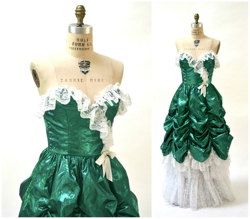 Vintage 80s Prom Dress Ball Gown XS Small Metallic Green St Pattys Day// Metallic Party Dress Green White Southern Bell Pageant Dress