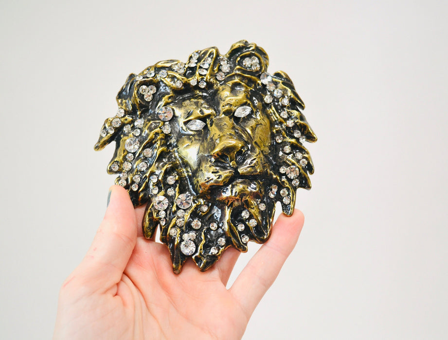90s Vintage Katherine Baumann Beverly Hills Brass Swarovski Crystal Lion Belt Buckle Metallic Rhinestone Belt Buckle Large Cat LION Metallic