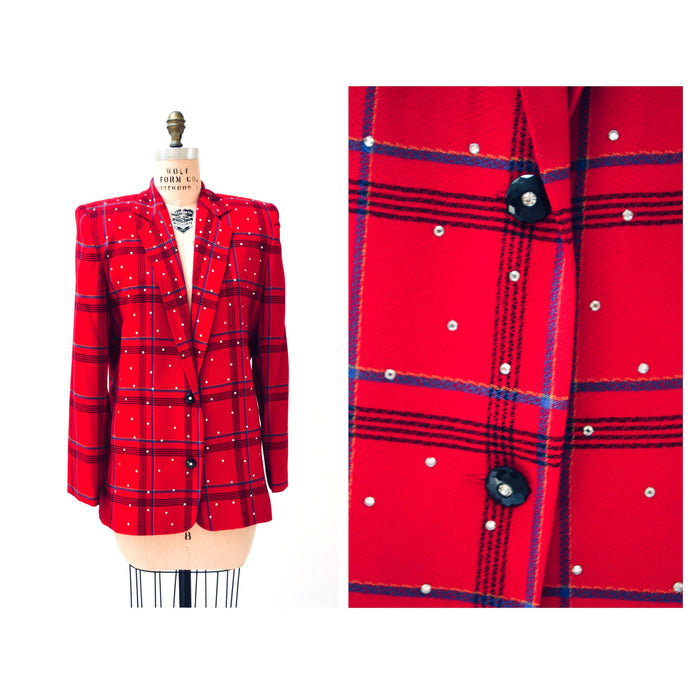 90s Vintage Red Plaid Jacket Blazer with Rhinestones Red Plaid Blazer 80s 90s Glam Power Suit Small Medium Criscione Christmas Party Jacket