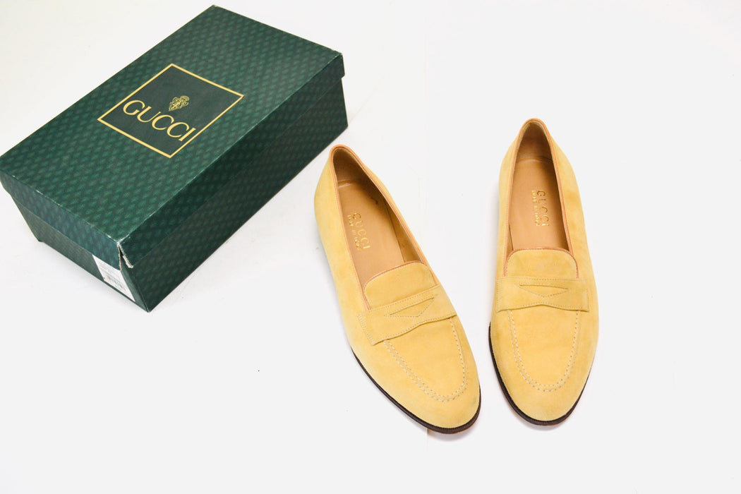 80s Vintage Gucci Penny Loafer Flats Tan Mustard Leather Loafers by Gucci Size 39 7 1/2 8 Vintage Tan Leather Gucci Shoes Womens Flats