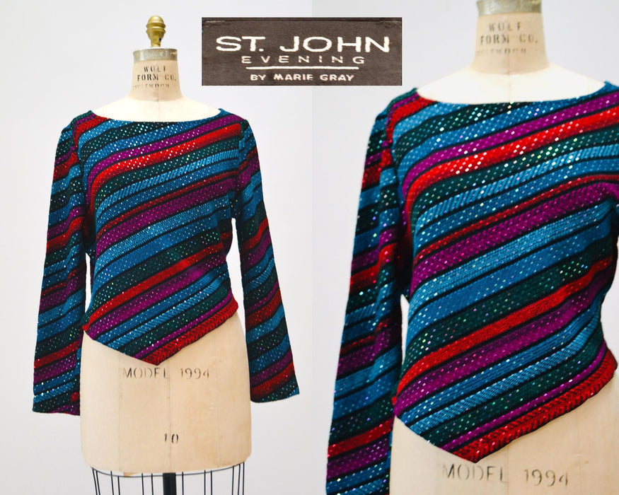 80s Vintage St John Striped Sweater Top Red Black Metallic Cropped Sweater Knit Medium Large St John Evening Party Top Striped Long Sleeves