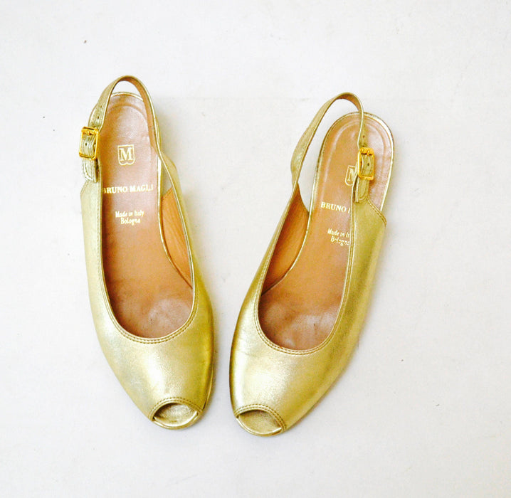 Vintage Gold Metallic Leather Sandals Slip on Heels Shoes 6 1/2 Bruno Magli Made in Italy// Gold Leather Peep toe Sling Backs Wedge 6 1/2