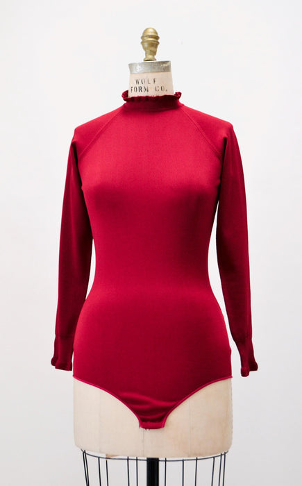 Vintage 70s Burgundy Red Turtle neck Bodysuit Brief Body Suit Turtle Neck long sleeve Medium//  Vintage Red Turtleneck ruffle bodysuit