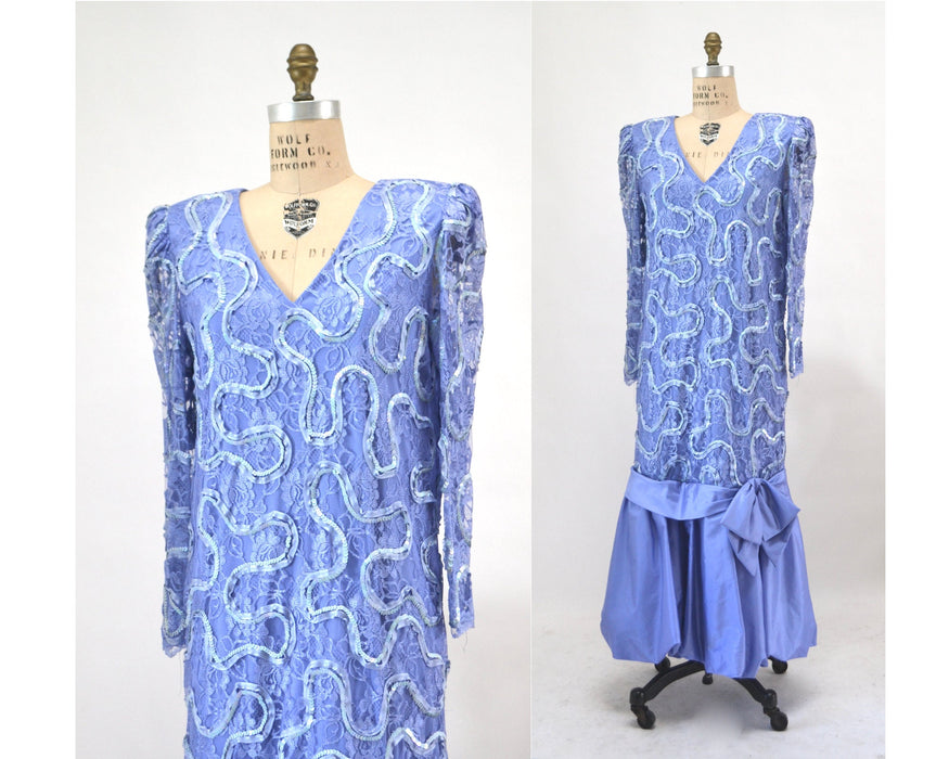 Vintage 80s Lavender Lace Sequin Dress Metallic Purple Long Sleeve Dress Medium Large// 80s Vintage Sequin Maternity Lace Barbie Dress