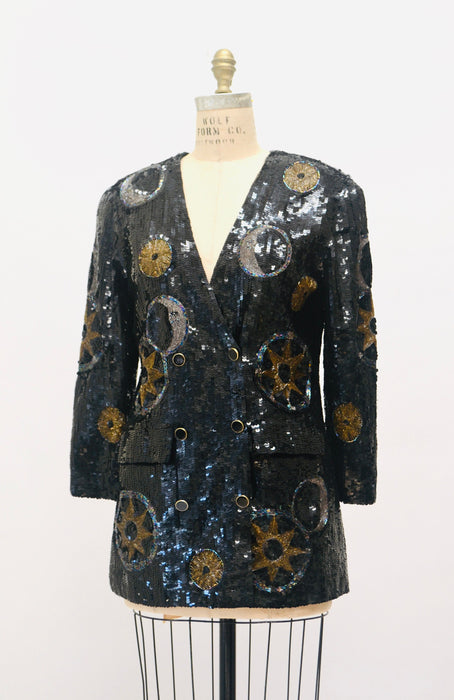 Vintage Sequin Jacket Black and Gold Metallic With Stars Moon Medium by Modi // Vintage Black Sequin Jacket Astrology Stars Night Sky