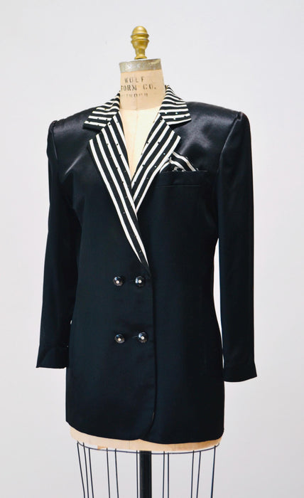 90s Vintage Black White Striped Party Jacket Blazer Medium by Criscione //  90s Black Satin Military Heart Rhinestone Party Jacket Blazer