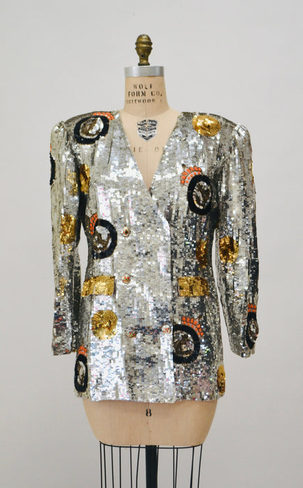 80s 90s Vintage Silver Sequin Jacket// Vintage Silver Sequin Boat Party Jacket  Nautical Captain Silver Sequin Blazer French Collizioni