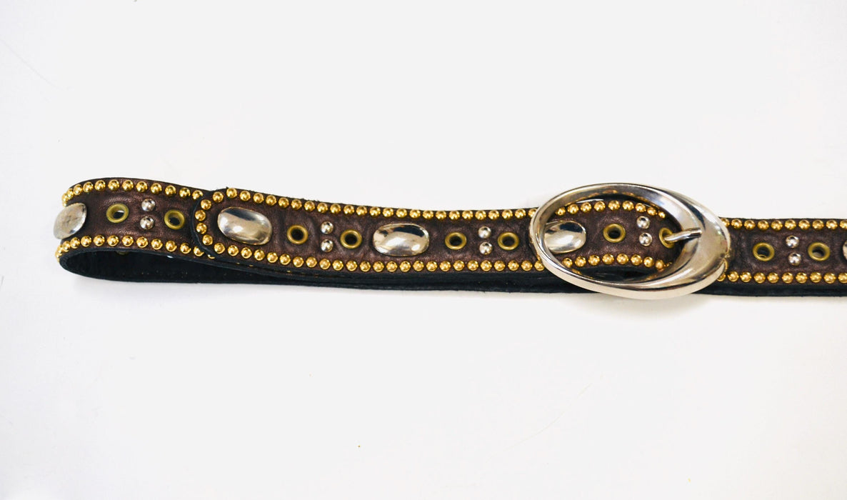 90s 2000s Vintage Gold Rhinestone Belt Brown Leather Gold Rhinestone Belt Small 29" Rhinestone Studded leather Belt