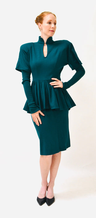 80s does 40s Vintage Teal Blue Green Knit Wool Dress Small Medium Wool Jersey Knit Dress Green teal Long Sleeve Peplum Dress Bonnie Strauss