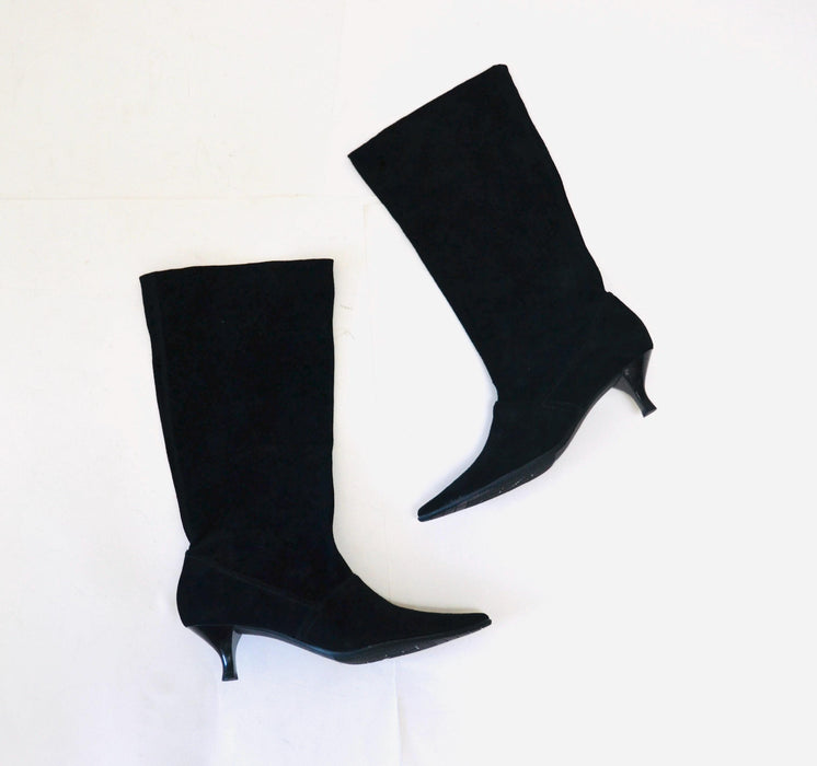90s Y2K 00s Vintage Black Leather Boots Size 7 1/2 High Heel Pointed Toe Kitten Heel// Vintage Size 7 1/2 Black Leather Boots Franco Sarto